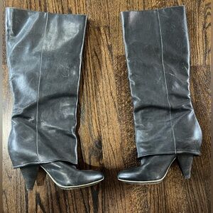 Fold Over Black Harper Leather Women's Boots Mid Calf Length